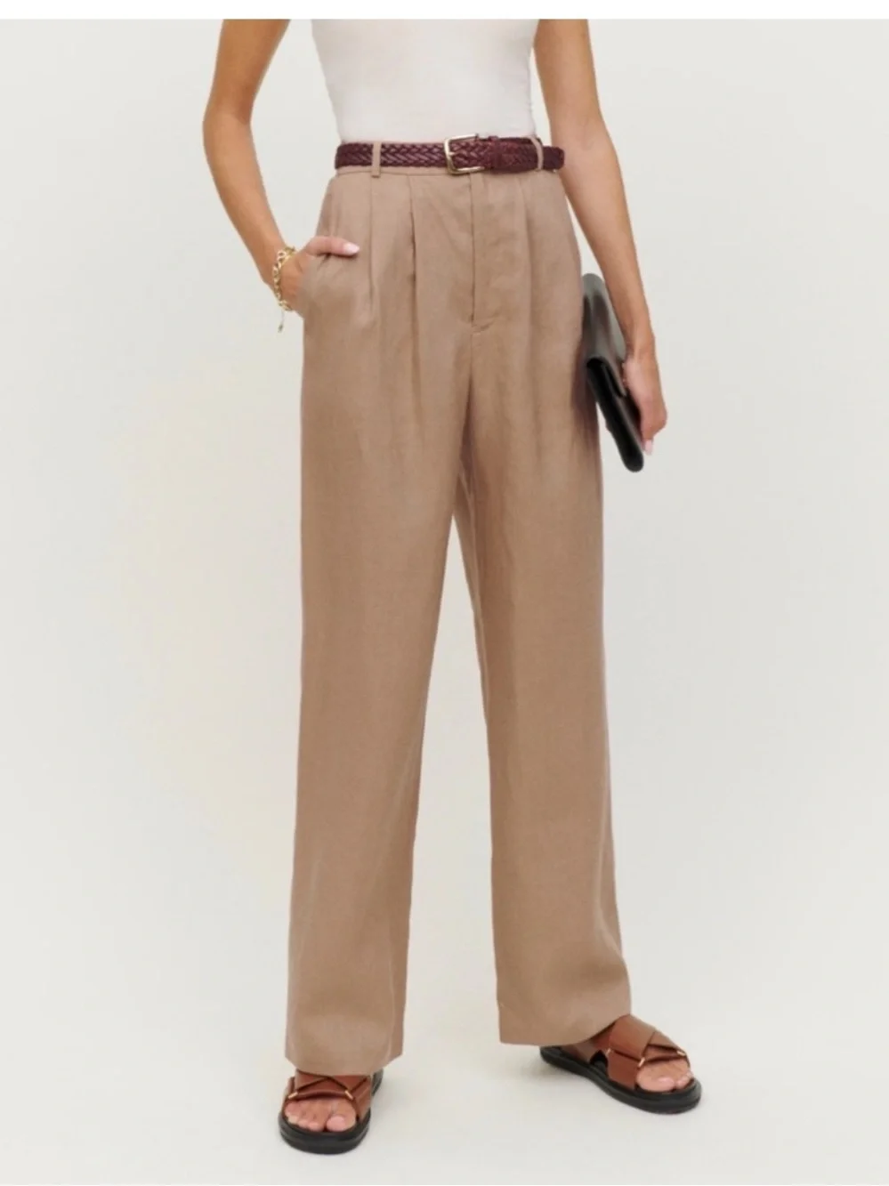 NWT Reformation Vesta Linen Straight-Leg Pants Khaki Brown 4